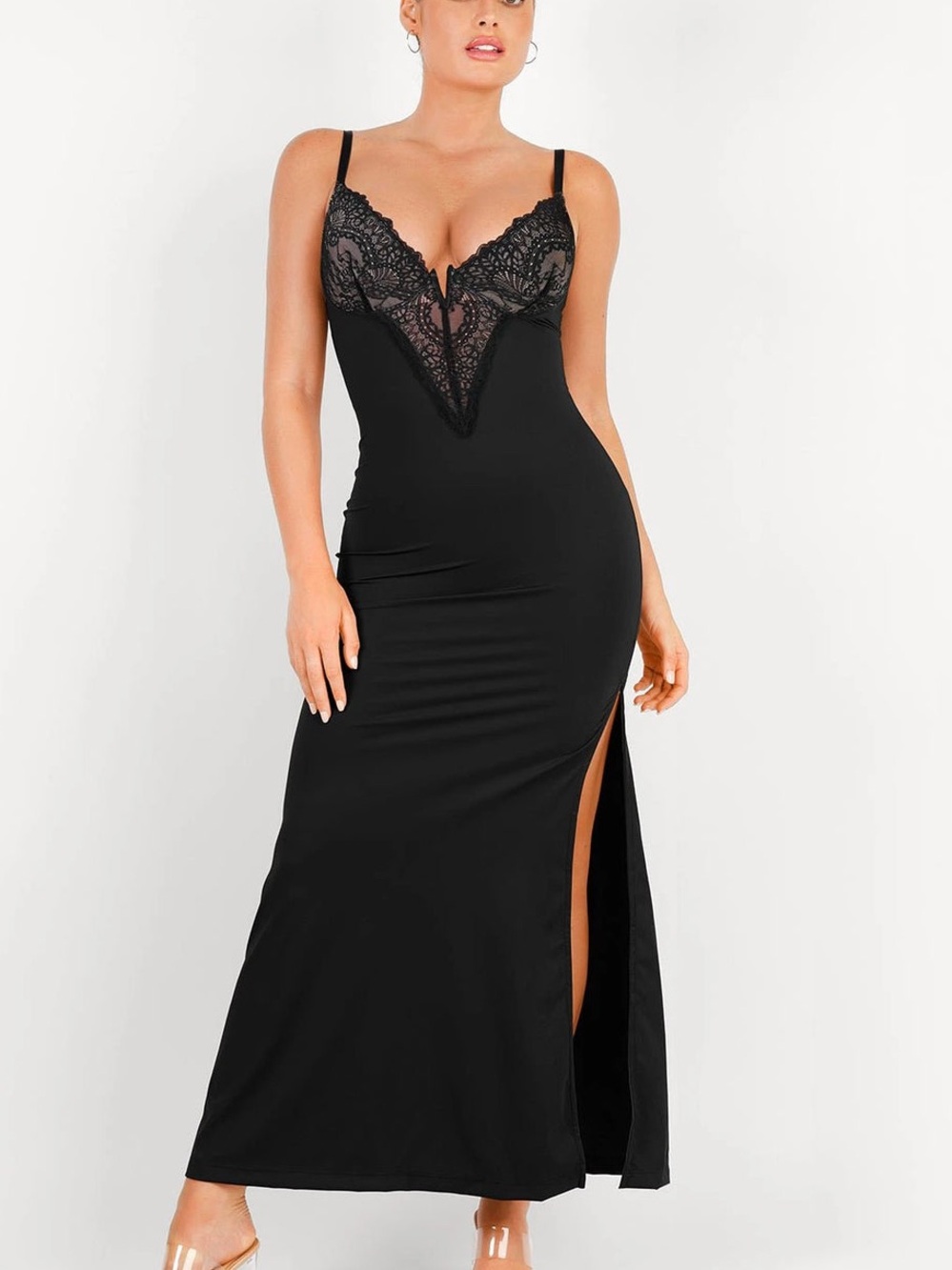 Popilush NWT Shapewear Lace V Neck Side Slit
Slimming Maxi Slip Dress Black